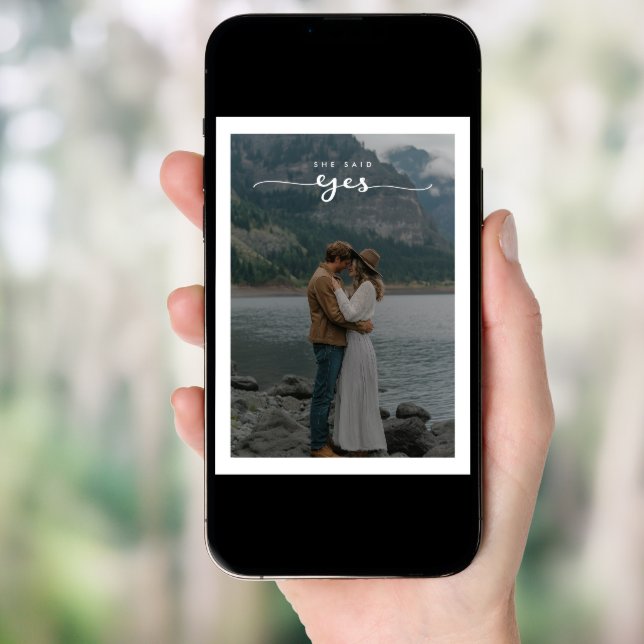 Elegant Script She Said Yes Engagement Lake Photo Invitation (Front Digital)