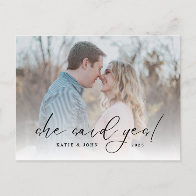 Elegant Script She Said Yes Photo Engagement Announcement Postcard (Front)