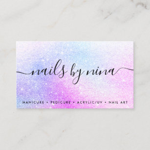 Elegant script signature holographic pink glitter business card