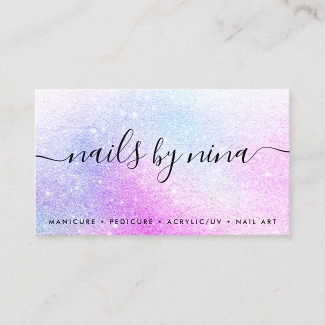 Elegant script signature holographic pink glitter business card