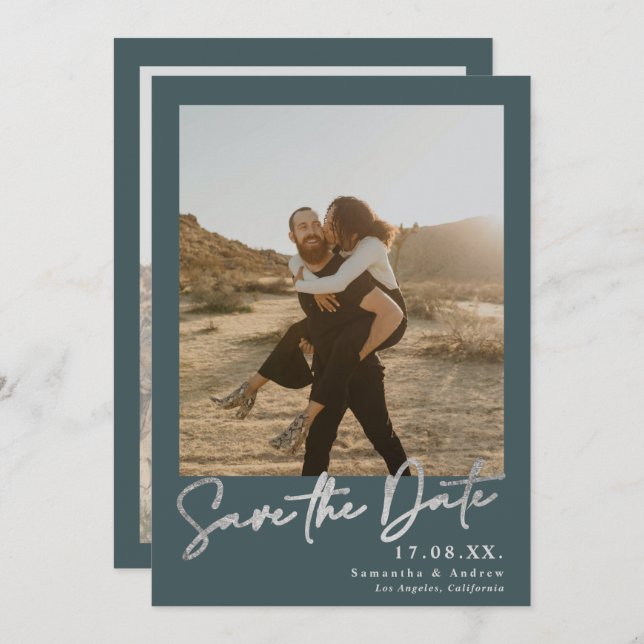 Elegant script silver 2 photos save the date (Front/Back)