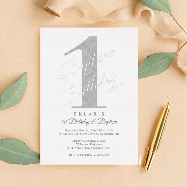 Elegant Script Silver Baby 1st Birthday & Baptism Foil Invitation (Elegant Script Silver Baby 1st Birthday & Baptism Foil Invitation)