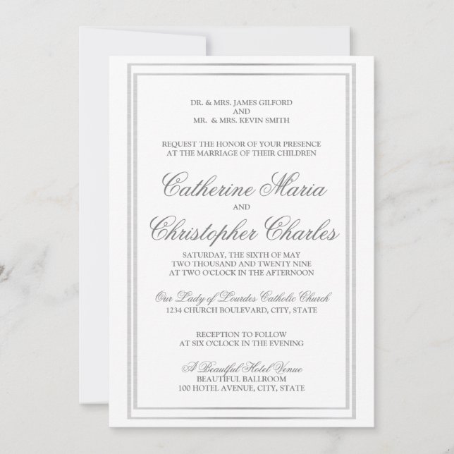 Elegant Script Silver Border Wedding Invite (Front)
