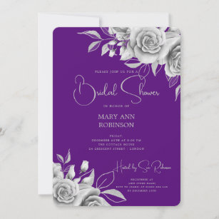 Elegant Script Silver Floral Bridal Shower Purple  Invitation
