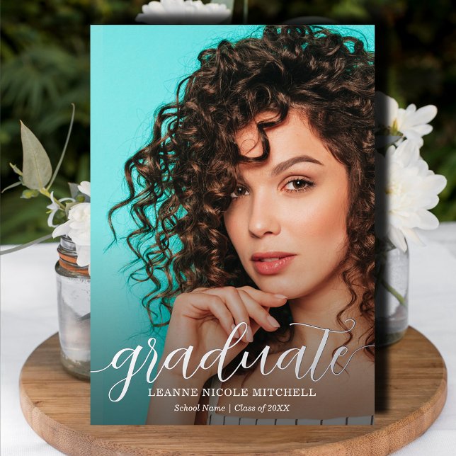 Elegant Script Silver Foil Photo Graduation Invitation (Elegant script real silver foil graduation announcements with your details on the back)