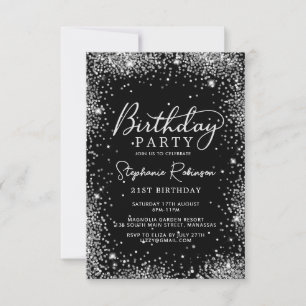 Elegant Script Silver Glitter 21st Birthday Black Invitation