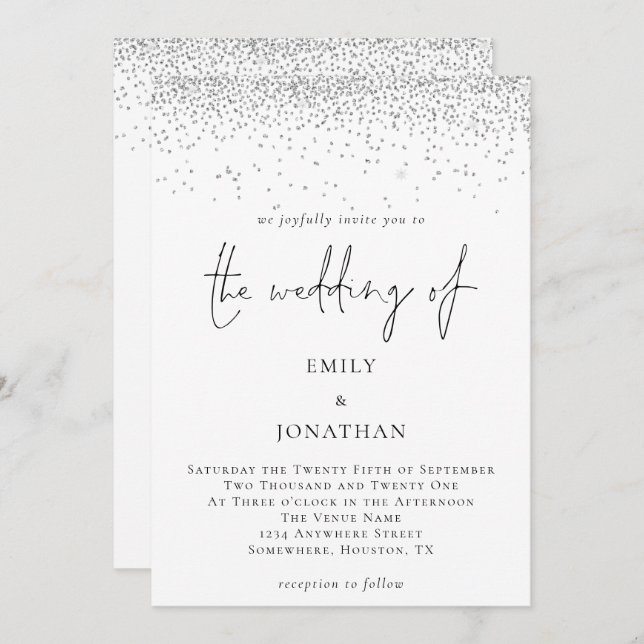 Elegant Script Silver Glitter Glam Wedding Invitation (Front/Back)