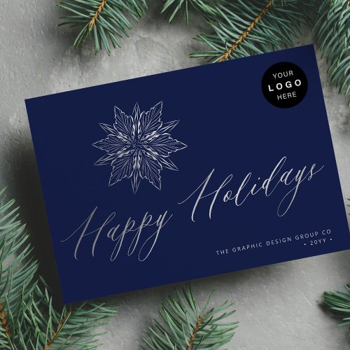 Elegant script silver snowflake LOGO business  Holiday Card