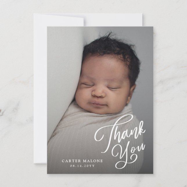 Elegant Script Simple Baby Photo   Thank You Card (Front)