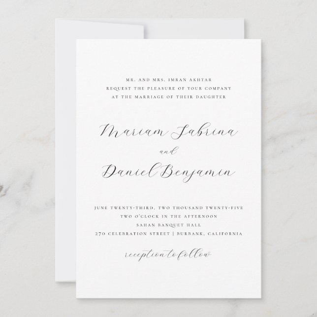 Elegant Script Simple Black and White Wedding Invitation (Front)