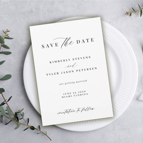 Elegant script simple black and white wedding save the date