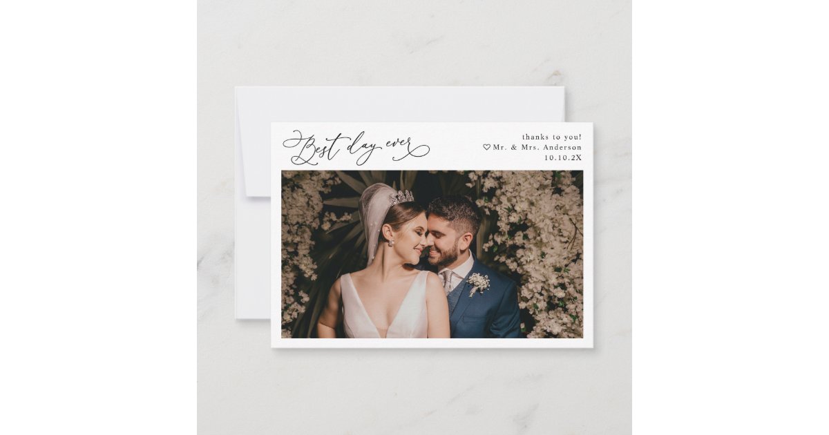 Elegant Script Simple Black & White Wedding Photo Thank You Card | Zazzle