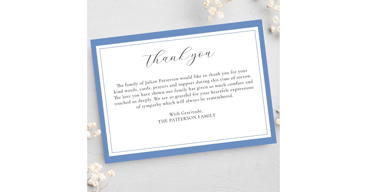 Elegant Script Simple Blue Funeral Thank You Card | Zazzle