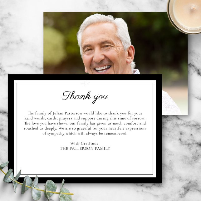 Elegant Script Simple Cross Custom Funeral Photo Thank You Card (Creator Uploaded)