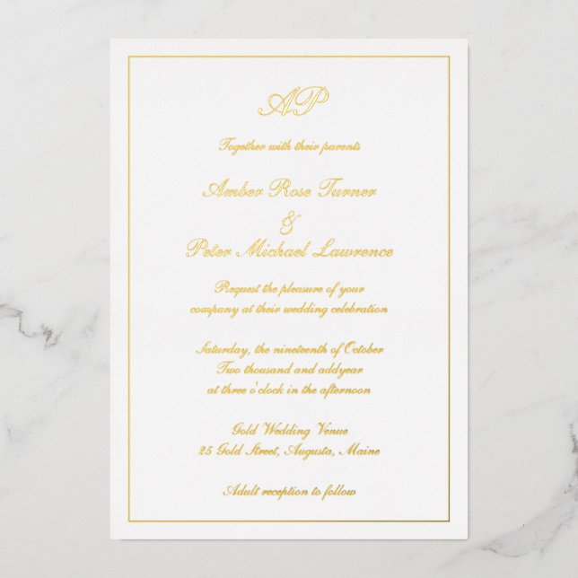 Elegant Script Simple Formal Monogram Wedding Gold Foil Invitation (Front)