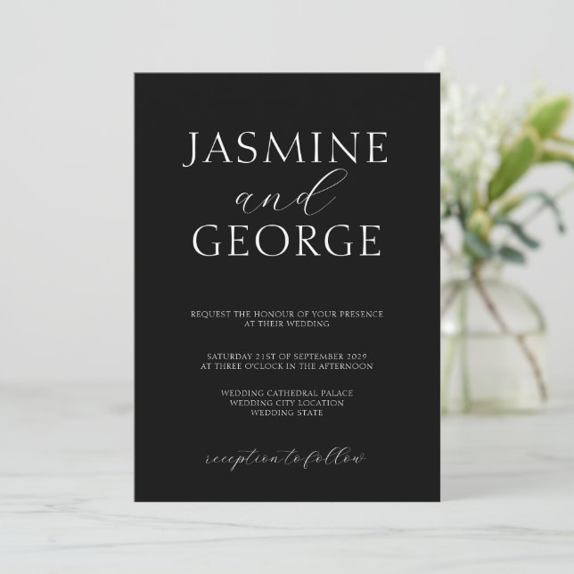 Elegant Script Simple Modern Black Wedding Invitation (Standing Front)