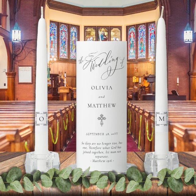 Elegant Script Simple Monogram Christian Wedding Unity Candle Set (Simple, modern Christian unity candle with calligraphy script, elegant cross & Bible verse.)