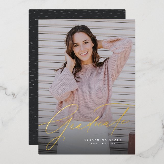 Elegant script simple one photo graduation invitat foil invitation (Front/Back)