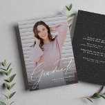 Elegant script simple one photo graduation invitation<br><div class="desc">This one photo graduation announcement and invitation is the perfect way to celebrate your graduate. With a modern and elegant script "graduate" in white, this design also features room for personalization including name, school and year. The back is a coordinating soft gray with a subtle dash pattern to match the...</div>