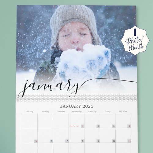 Elegant Script Simple One Photo Per Month Calendar