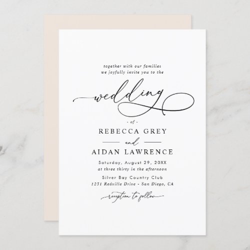 Elegant Script Simple Wedding Invitation - This elegant Wedding Invitation features a sweeping script calligraphy text paired with a classy serif & modern sans font in black with a dewy blush back and a customizable monogram. Matching items available.