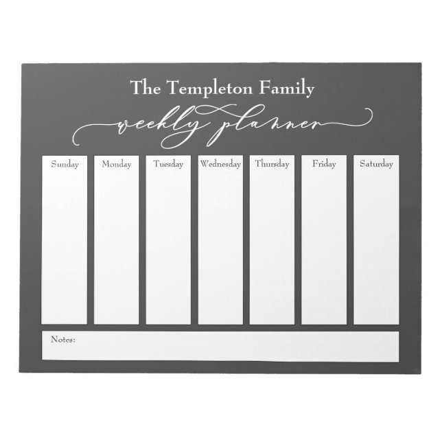 Elegant Script Simple Weekly Planner, Dark Gray Notepad (Front)