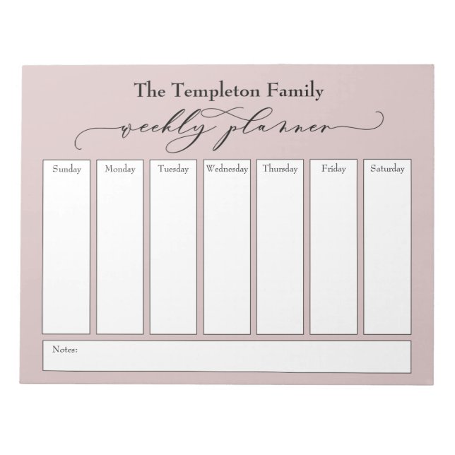 Elegant Script Simple Weekly Planner, Dusty Rose Notepad (Front)