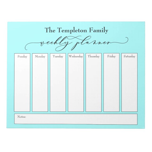 Elegant Script Simple Weekly Planner, Light Aqua Notepad (Front)