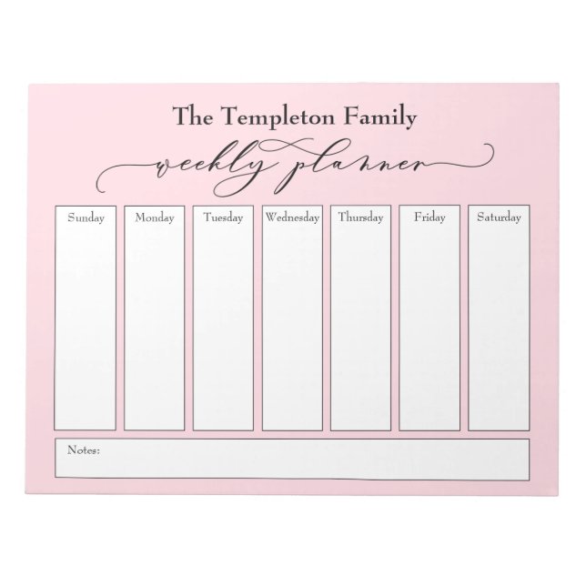 Elegant Script Simple Weekly Planner, Pastel Pink Notepad (Front)