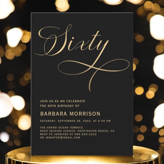 Elegant Script Sixty Black Gold 60th Birthday Invitation (Creator Uploaded)