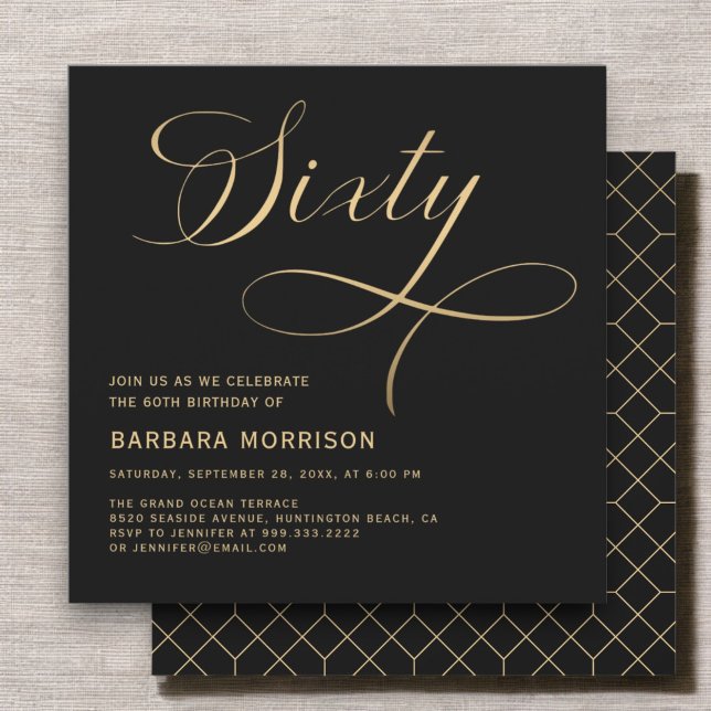 Elegant Script Sixty Black Gold 60th Birthday Invitation (Creator Uploaded)