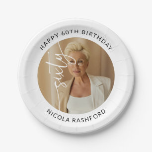 Elegant Script Sixty Photo 60th Birthday Paper Plates
