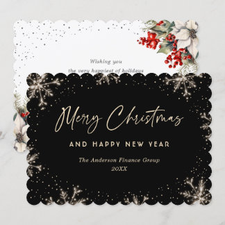 Elegant Script Snowflake Black Business Botanical Holiday Card