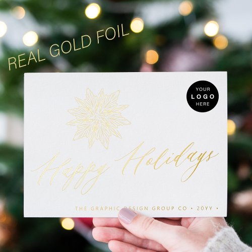 Elegant script snowflake LOGO business gold Foil Holiday Postcard