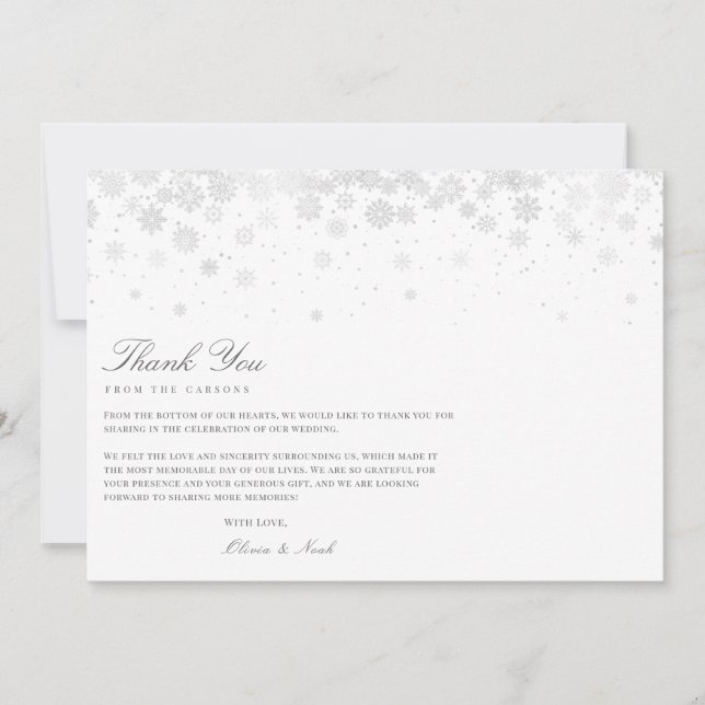 Elegant Script Snowflakes Thank you Card (Front)