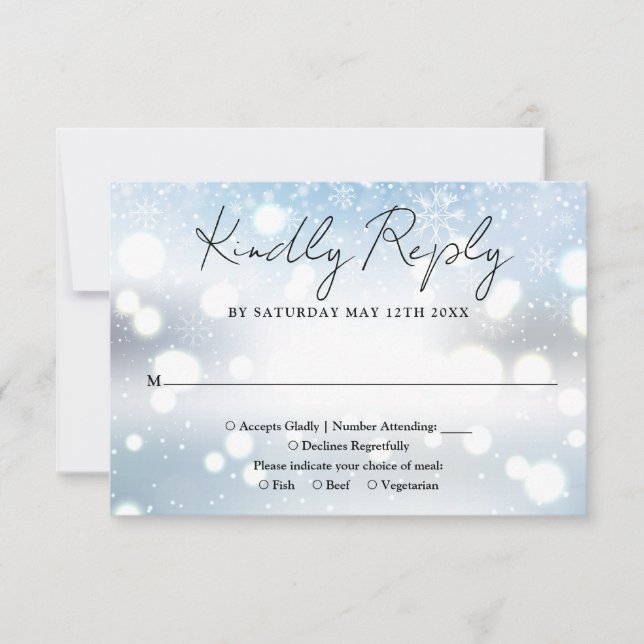 Elegant Script Snowflakes Winter Wedding RSVP Card (Front)
