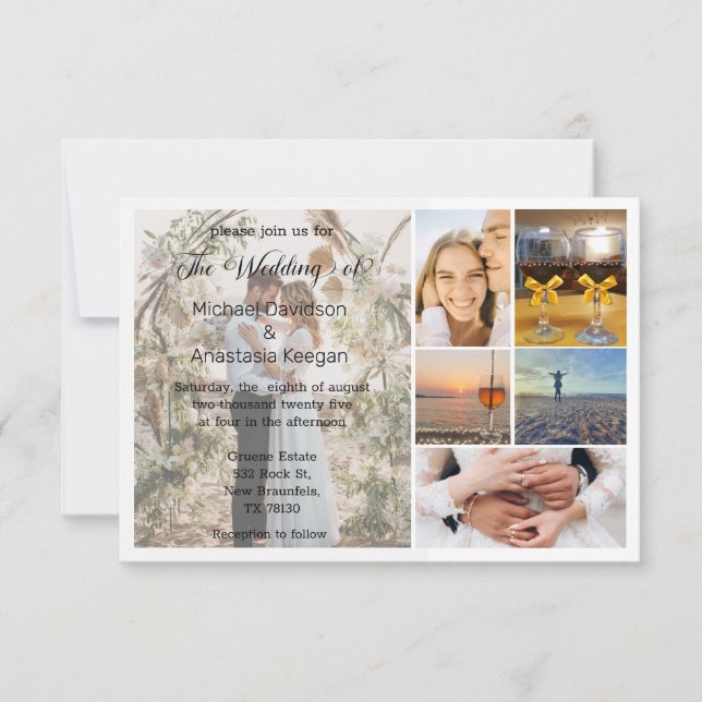 elegant script stylish 6 photos collage wedding invitation (Front)