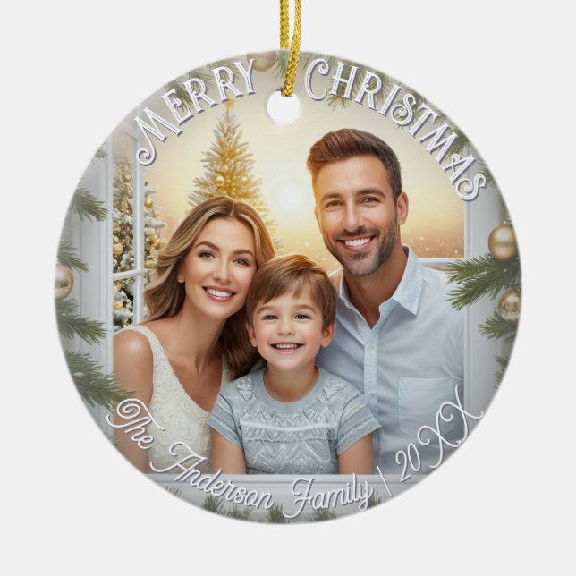 Elegant Script Stylish Photo Merry Christmas Ceramic Ornament (Front)