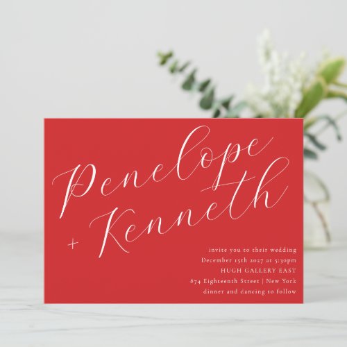 Elegant Script Stylish Red Christmas Wedding Invitation