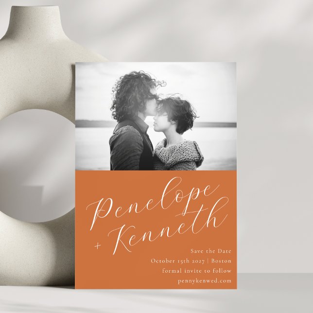 Elegant Script Stylish Wedding Photo Terracotta Save The Date (Creator Uploaded)