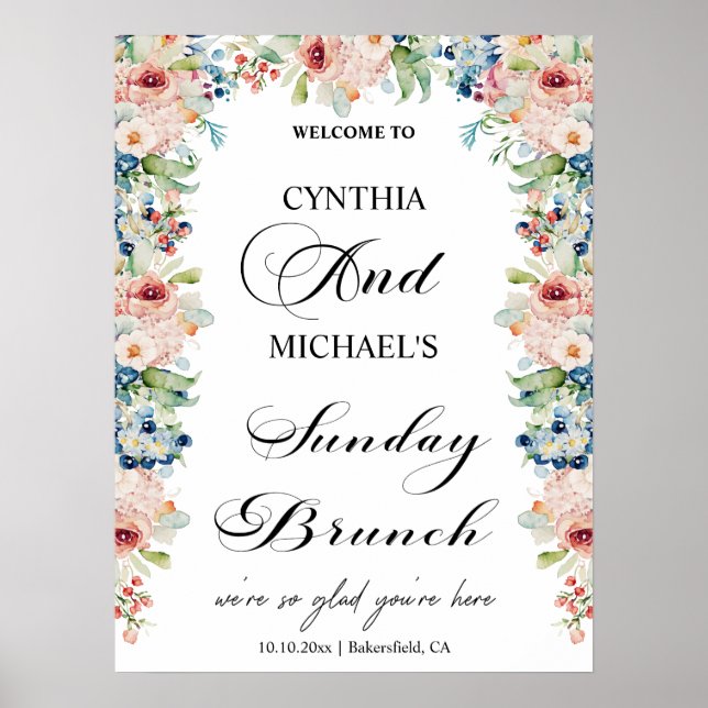 Elegant Script 'Sunday Brunch' Wedding Floral Poster (Front)