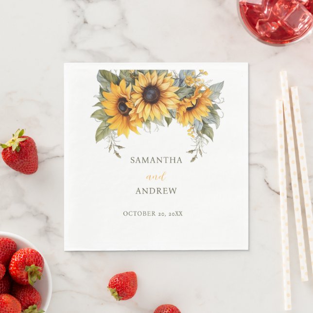 Elegant Script Sunflower Wedding Invitation Napkins (Insitu)
