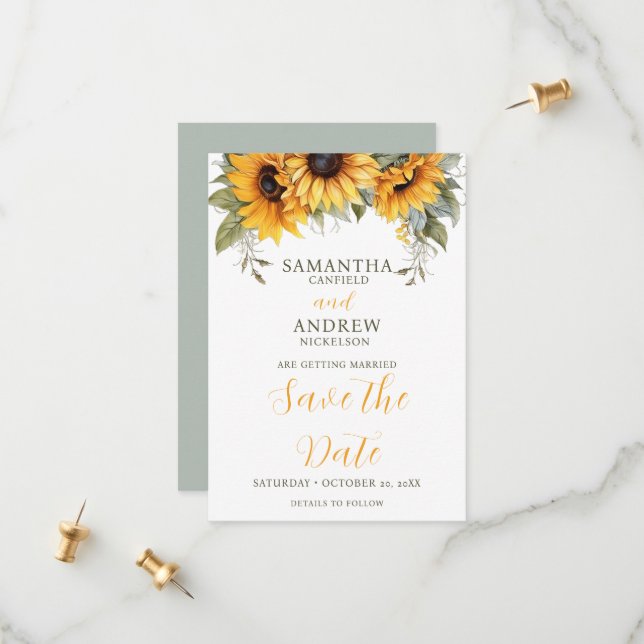 Elegant Script Sunflower Wedding Save the Date (Front/Back In Situ)
