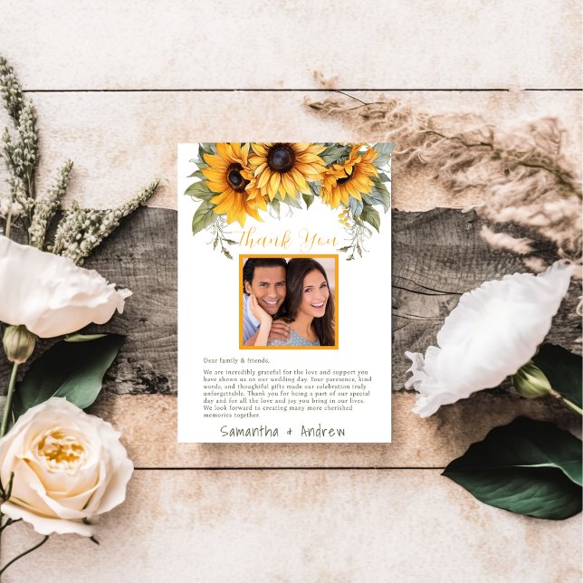 Elegant Script Sunflower Wedding Thank You Card (Creator Uploaded)