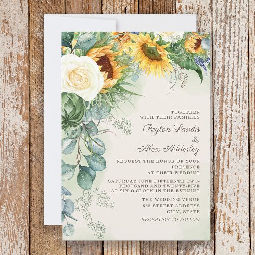 Elegant Script Sunflowers Eucalyptus Wedding  Invitation