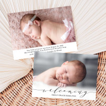 Elegant Script Sweet Welcome Photo Birth Announcement