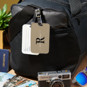 Elegant Script Taupe Monogram Name Travel Holiday Luggage Tag