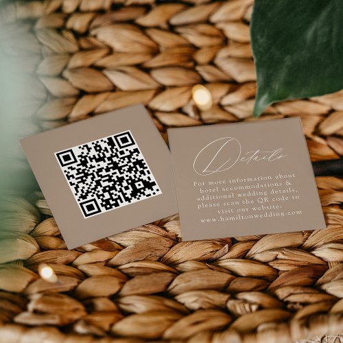 Elegant Script Taupe QR Code Wedding Details Enclosure Card