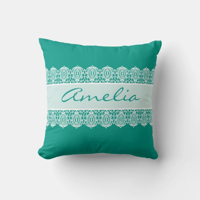 Elegant Script - Teal Lace Monogram Throw Pillow (Front)