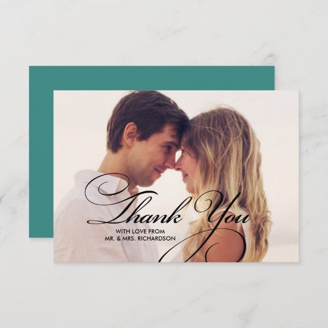 Elegant Script | Teal Thank You Wedding Photo Card (Front/Back)